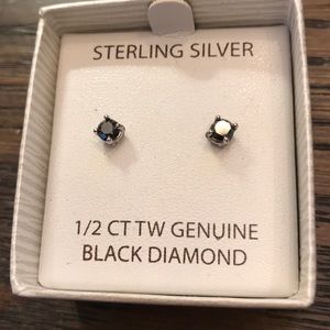 Genuine Black Diamond Pierced Stud Earrings
